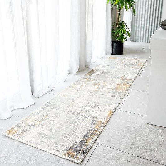 Ashton Goldberg - Faded Abstract Contemporary Carpet In Shades Of Grey with Golden Yellow | Carpet Centre