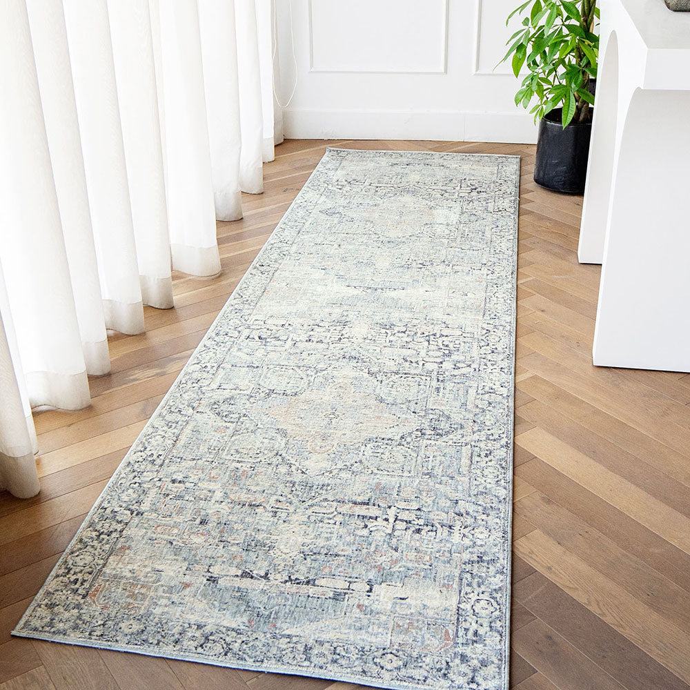 Hana Sky Distressed Blue Grey Traditional Carpet
