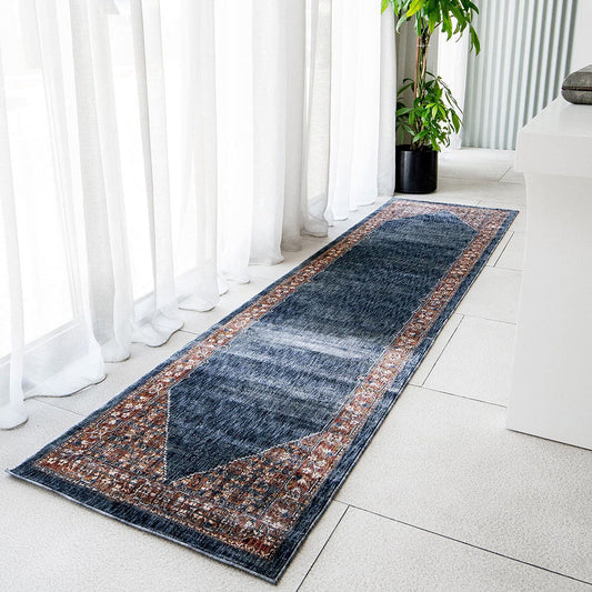 Amira Sky - Navy Blue & Red Hallway Runner Carpet | Carpet Centre