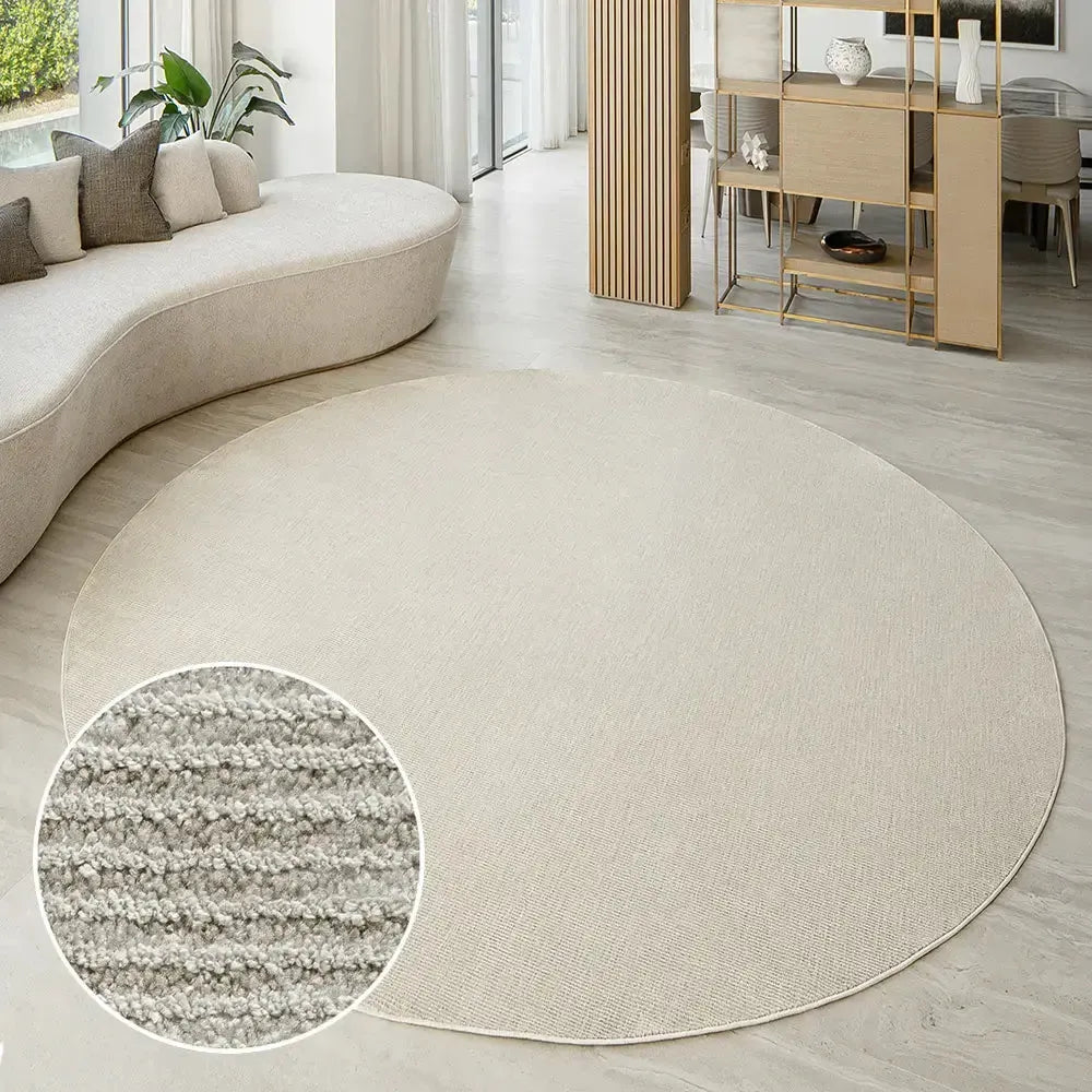 Sandy Texture Rug Rik Sandy Round - Narrow Textured Stripes Beige Round Carpet | Carpet ...