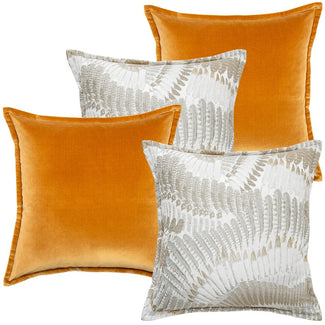 Emilia Bundle - Orange Velvet and Silver Feather Design Cushions | Carpet Centre