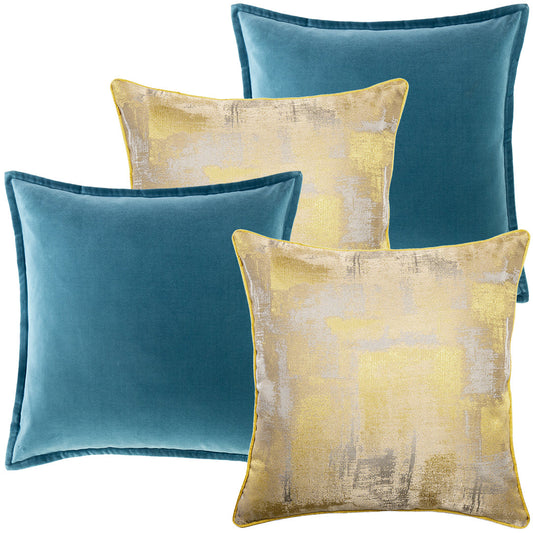 Nelson Bundle - Blue Velvet & Yellow Silver Shaded Cushion Set | Carpet Centre