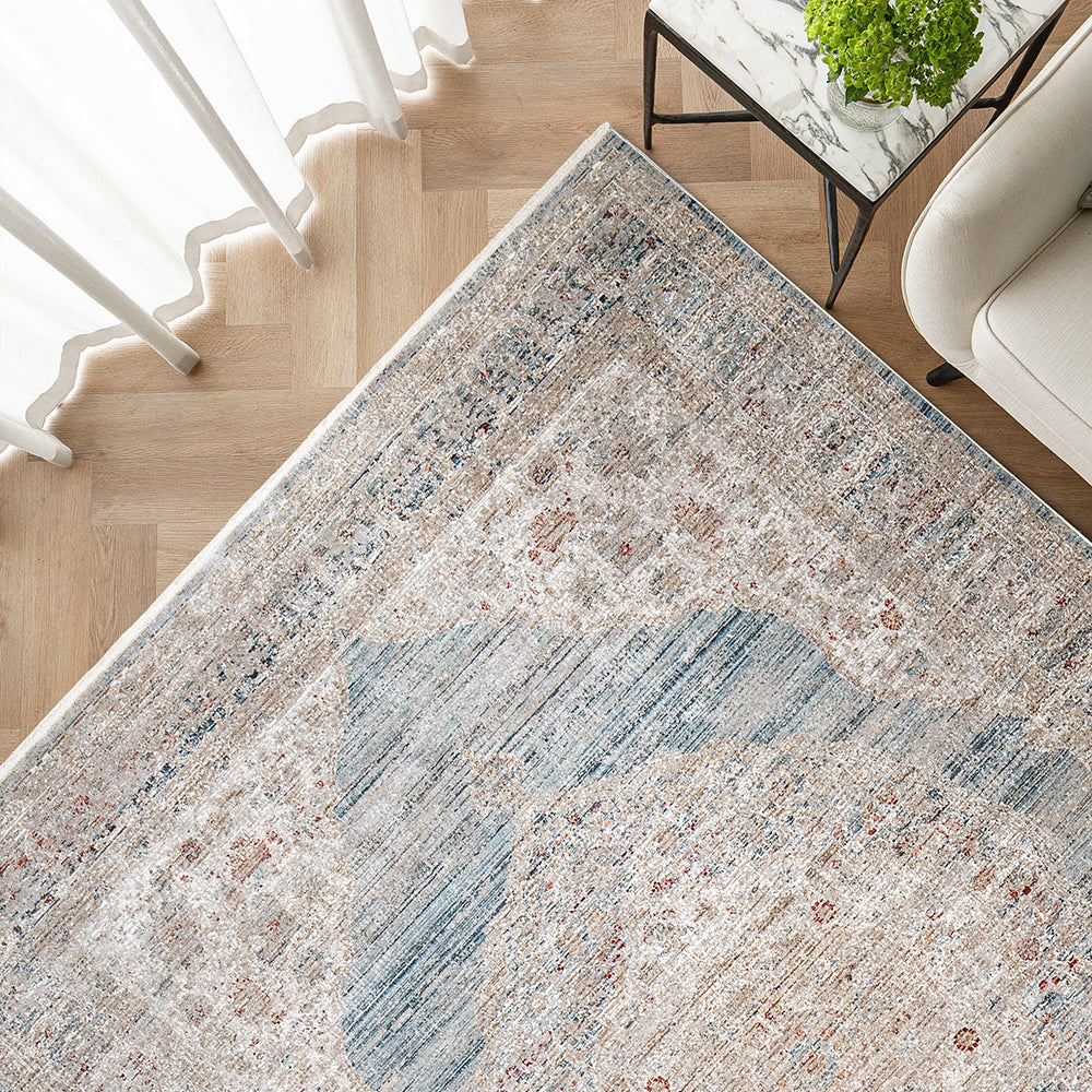Alexander Sky - Oriental Carpet In Shades Of Beige and Blue with Red Accents | Carpet Centre